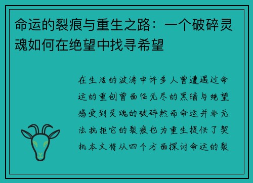 命运的裂痕与重生之路：一个破碎灵魂如何在绝望中找寻希望